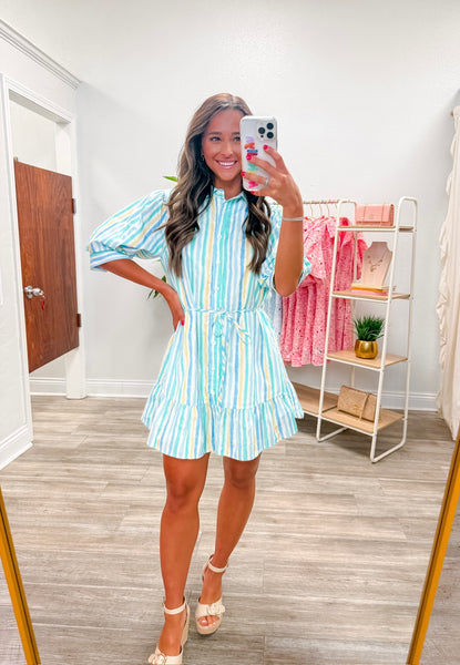 Vertical Striped Waist Tie Shirt Dress