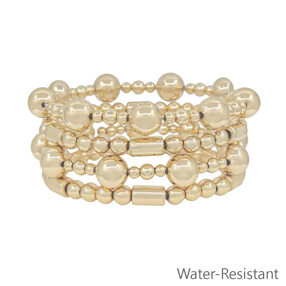 Set of 4 10mm Gold Beaded w/ Cylinder Beaded Stretch Bracelets