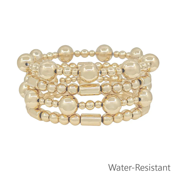Set of 4 10mm Gold Beaded w/ Cylinder Beaded Stretch Bracelets