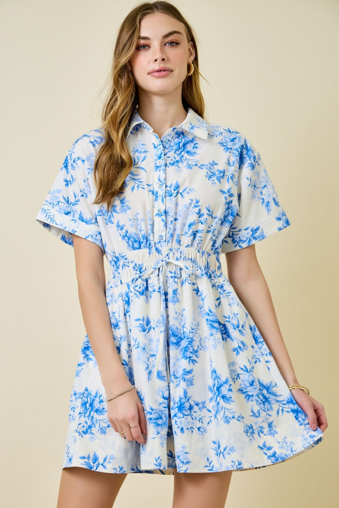 Floral Print Shirt Dress W/ Elastic Waist