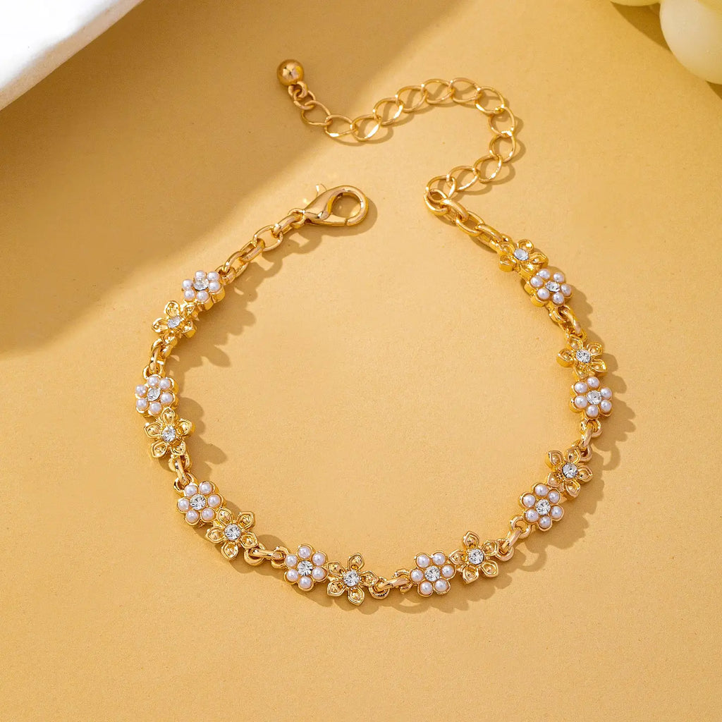 Pearl and Rhinestone Flower Link Bracelet