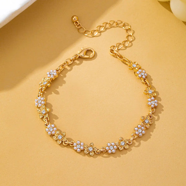 Pearl and Rhinestone Flower Link Bracelet