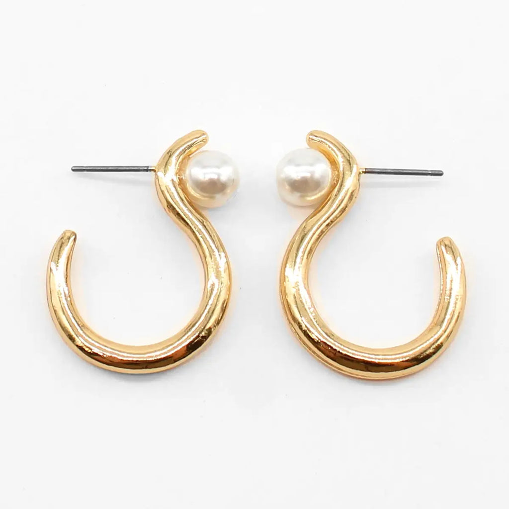Gold Geometric Hoop with Pearl 1" Earring