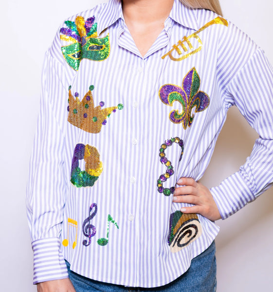 Mardi Gras Striped Button-Down Sequin Top