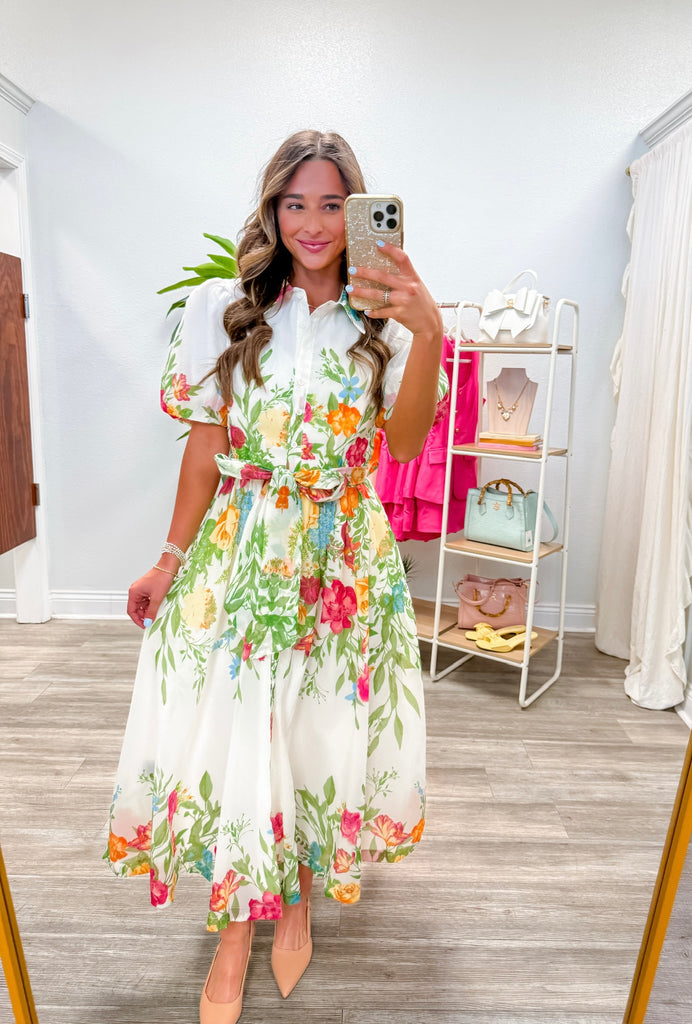 Printed Short Puff Sleeve Midi Dress