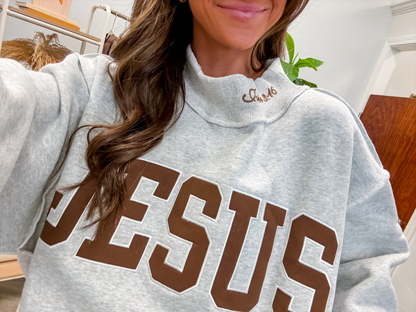 Embroidered "Jesus" Mock-Neck Sweatshirt