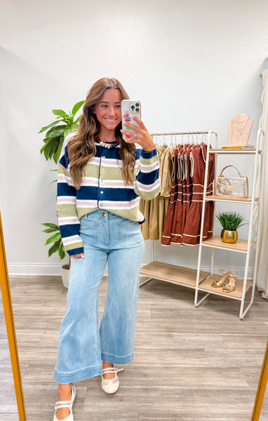 Striped Knit Crew Neck Button Cardigan