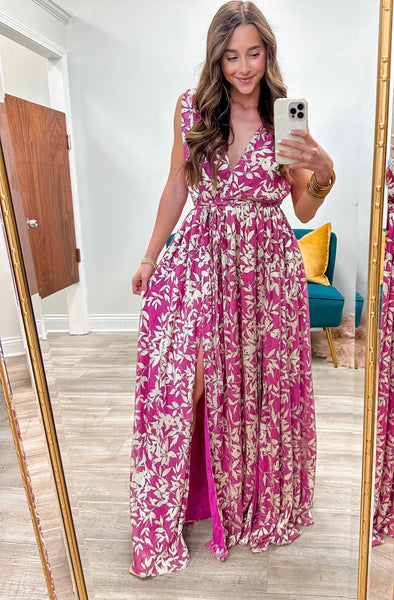 Plunged Neck Metallic Maxi Dress