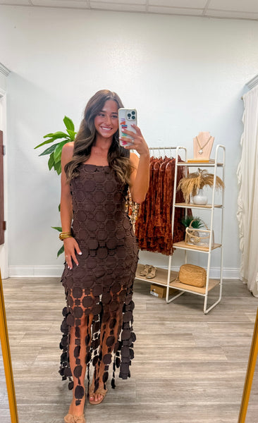 Lace Appliqué Fringe Hem Midi Dress