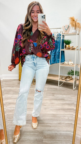 Floral Print Textured Collared Top