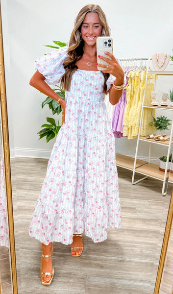 Floral Bubble Sleeve Back Tie Detail Dress