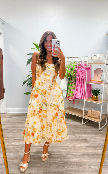 Floral Square Neck A-Line Midi Dress