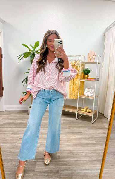 3/4 Sleeve Half Zip Striped Top