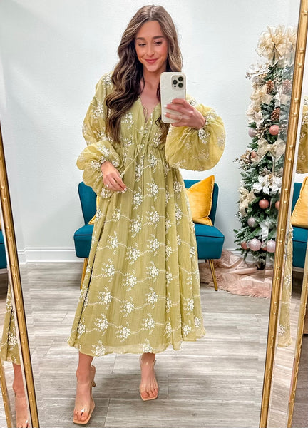 Embroidery Long Sleeve Midi Dress