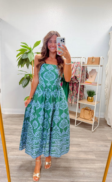 Printed Strapless Midi Dress