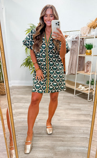 Botanical Print Puff Sleeve Mini Dress