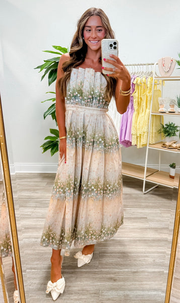 Floral Pattern Strapless Pleated Midi Dress