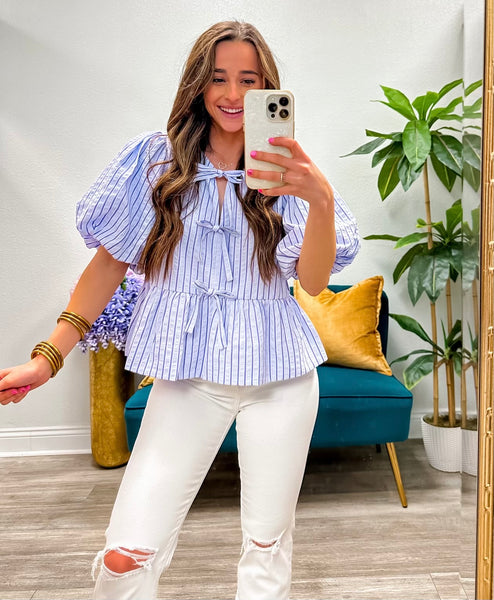 Striped Short Bubble Sleeve Babydoll Top