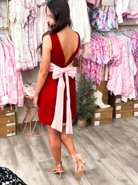 Velvet V-Neck Back Bow Dress