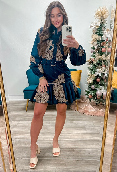 Embroidered Long Sleeve Belted Dress
