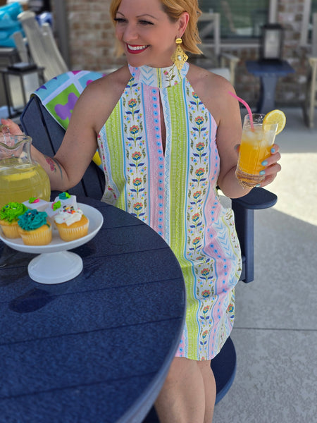 Pastel Stripe Halter Neckline Mini Dress