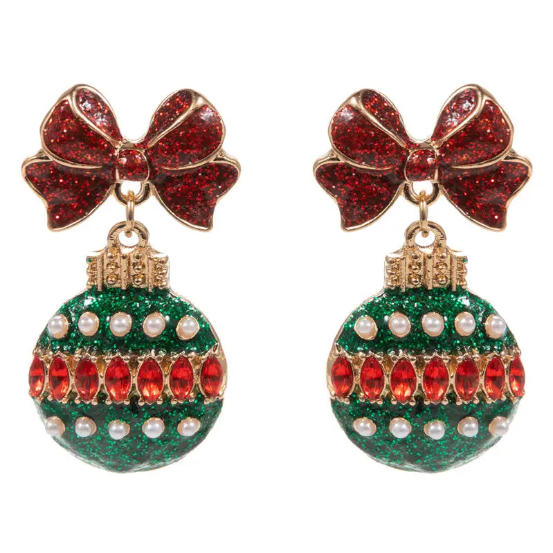 Red & Green Rhinestone Bow & Ornament Christmas 1.5" Earring