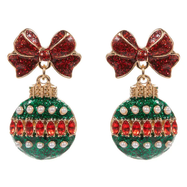 Red & Green Rhinestone Bow & Ornament Christmas 1.5" Earring