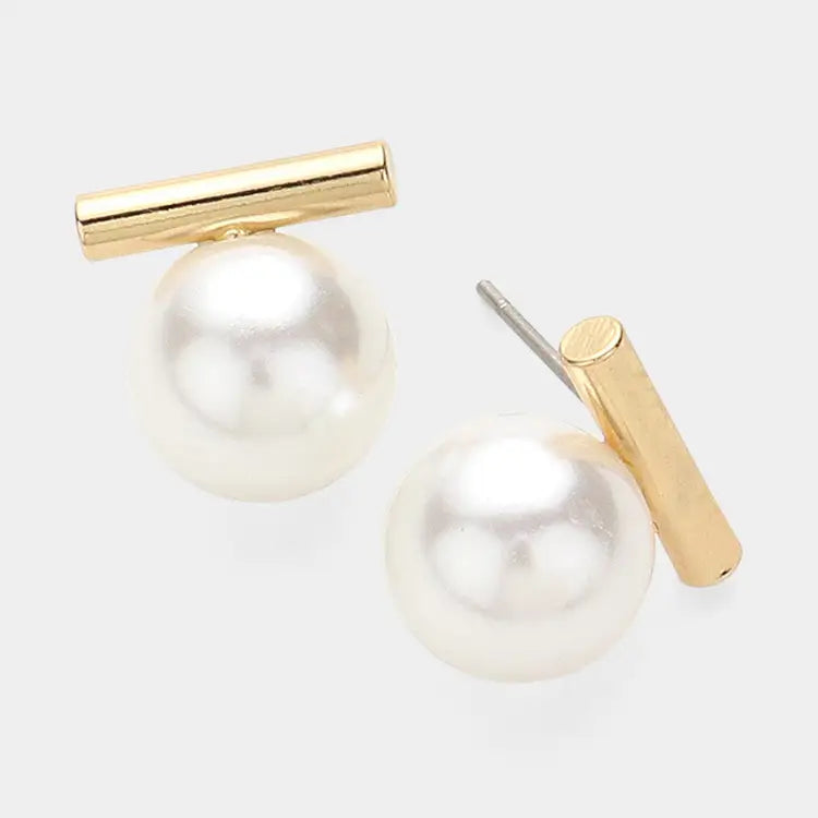 Metal Bar Pearl Pointed Stud Earrings