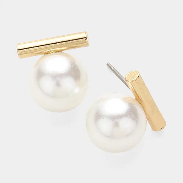 Metal Bar Pearl Pointed Stud Earrings