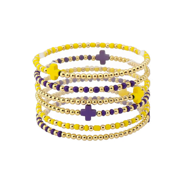 Gameday Set of 6 Yellow & Purple Beaded Stretch Bracelets