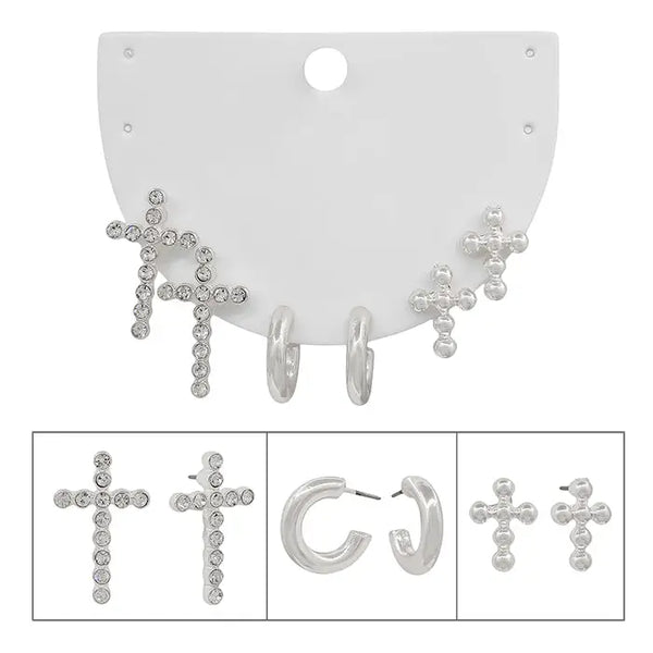 Set of Three Silver Rhinestone Cross, Beaded Cross, & Huggie Hoops