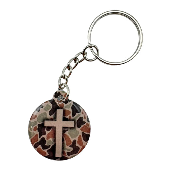 Tap To Pray River Rock Camo Cross Prayer Tag Keychains