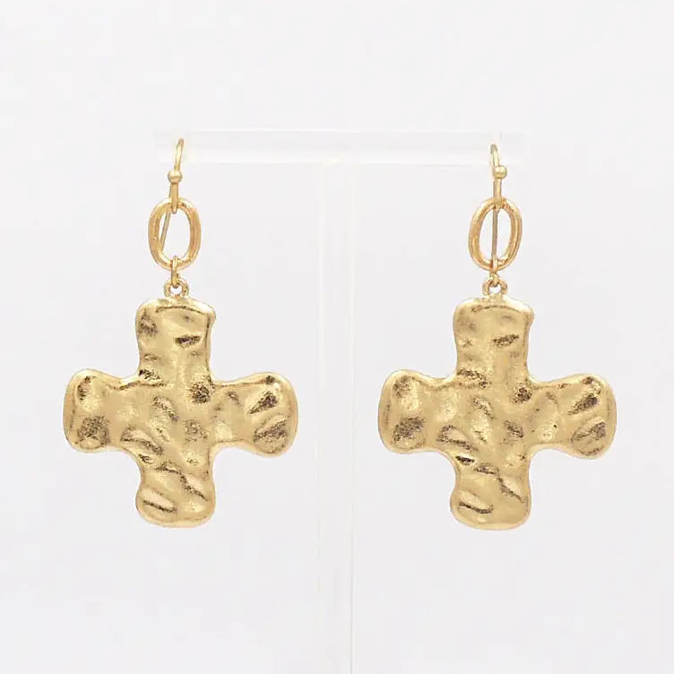 Hammered Chunky Cross w/ Crystal Drop 1" Earring