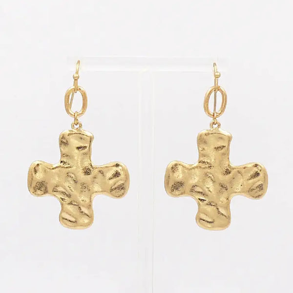 Hammered Chunky Cross w/ Crystal Drop 1" Earring