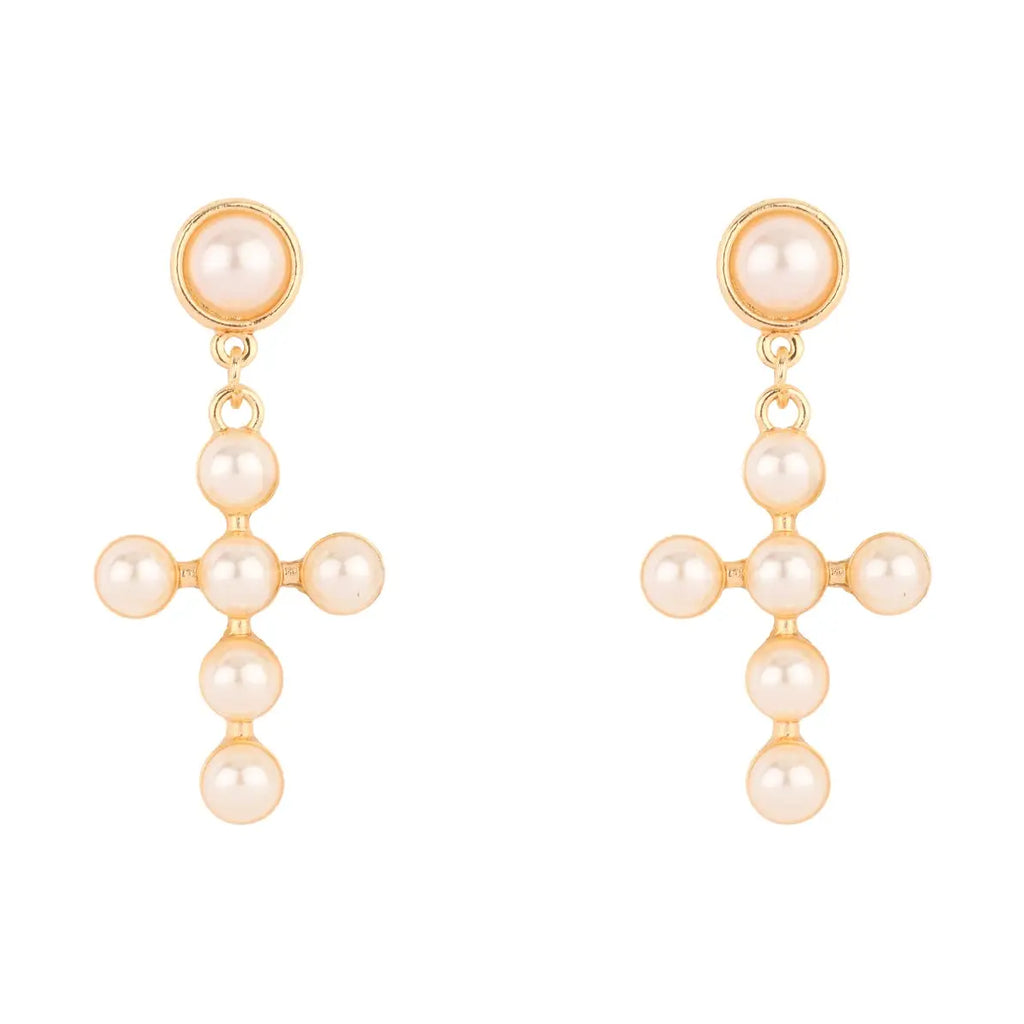 Pearl and Gold Studded 1" Cross Stud Earrings