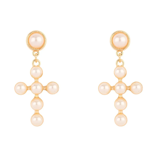 Pearl and Gold Studded 1" Cross Stud Earrings