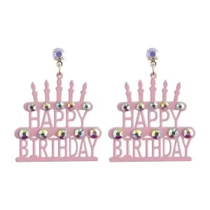 Pink Color Coated Metal Happy Birthday 2" Earring