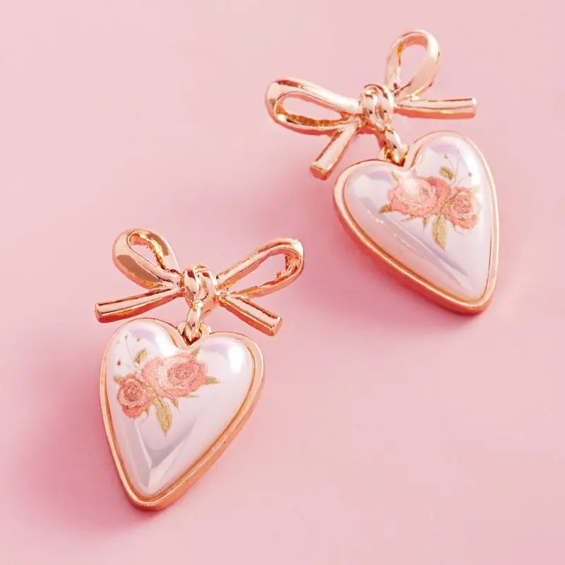 Valentines Heart Pearl Flower Print Post Earrings