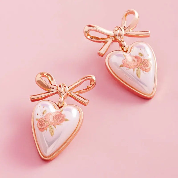 Valentines Heart Pearl Flower Print Post Earrings
