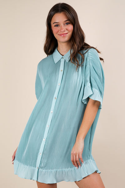 Pleated Detail Button Down Mini Dress