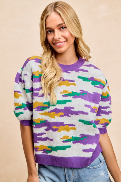 Mardi Gras Theme Camo Knit Top