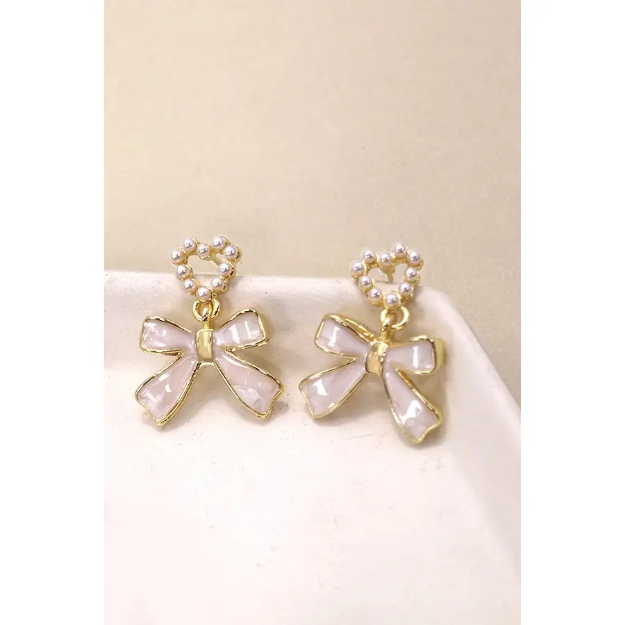 Bow Heart Pearl Drop Earrings