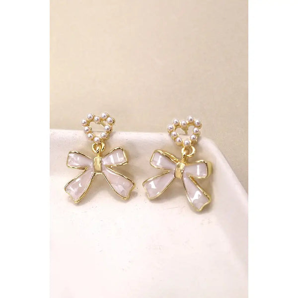 Bow Heart Pearl Drop Earrings