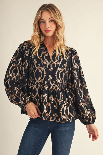 Puff Sleeve Leaf Foil Print Blouse