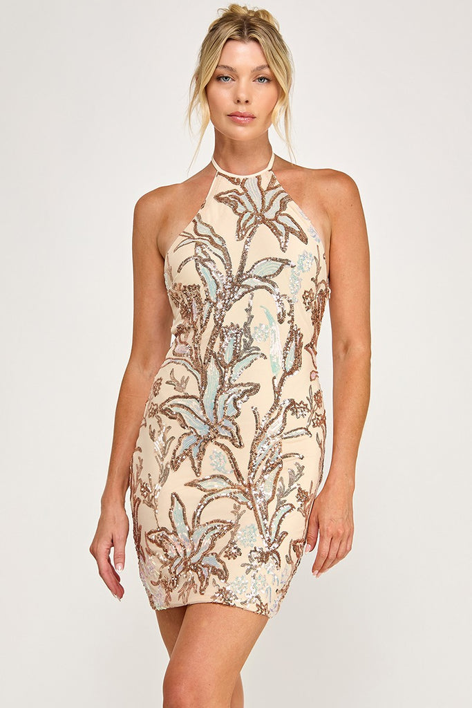 Sequin Halter Neckline Bodycon Mini Dress