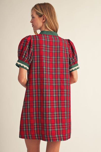 Lace Trim Detail Plaid Shift Dress