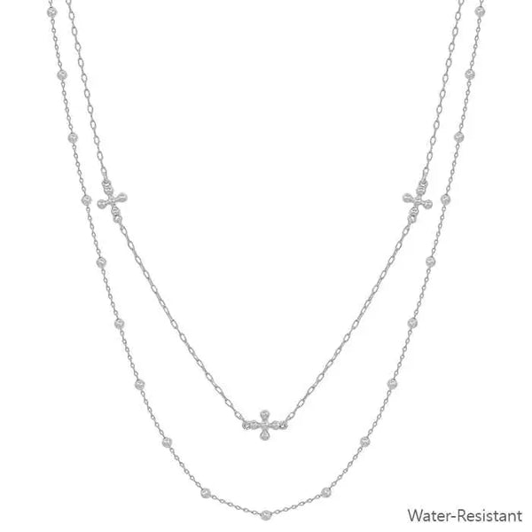 Water Resistant Double Layered Silver Cross & Beaded 16"-18" Necklace