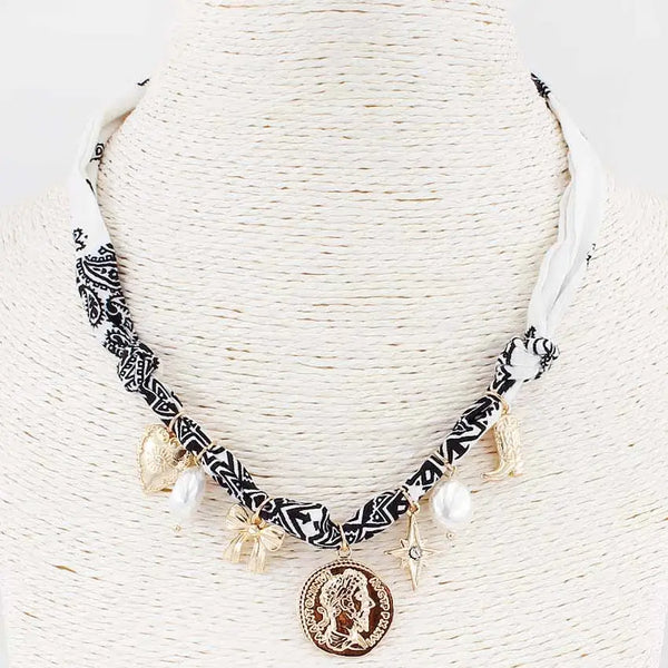 White and Black Knotted Scarf Necklace With Coin, Bow, Pearl Charms