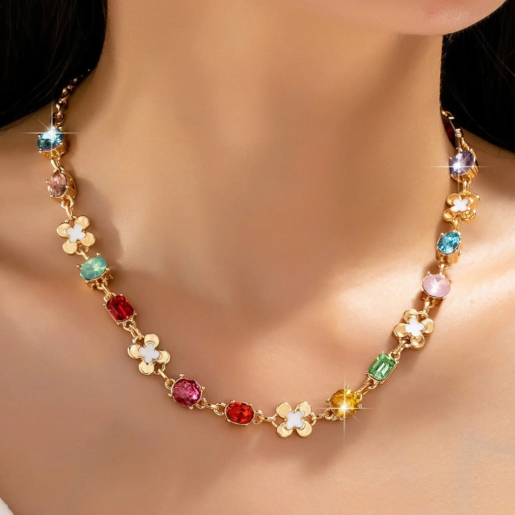 Multi Color Gemstone & Enamel Clover Necklace