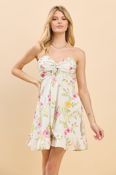 Floral Front Ruffled Hem Gathered Tube Dress